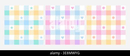 Seamless plaid pattern with cute hearts, stars and flowers in blue, yellow and pink colors. Gingham check geometric texture for baby, nursery, romantic design, textile print, wallpaper background Stock Vector