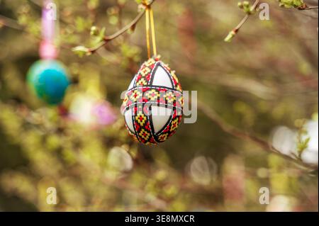 Intricately painted Ukrainian pysanka-style red Easter egg decoration on blossoming foliage. Cultural tradition and spring celebration symbol. Green b Stock Photo
