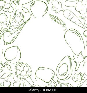 Frame with line art style fruit and vegetable, corn, eggplant, peach, avocado. Illustration background for healthy menu, organic store package and Stock Vector