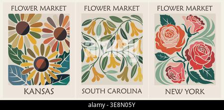 Trendy botanical USA Flower Market poster set  Stock Vector