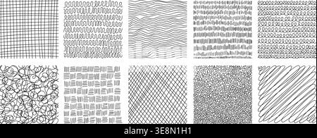 Pencil drawn crosshatch pattern collection with scribble techniques set. Stock Vector