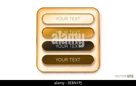 Glossy Golden UI Buttons and Text Fields. A luxurious set of four blank elements for modern interfaces. Vector illustration. Stock Vector