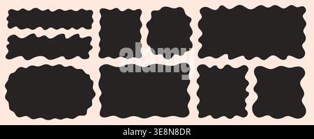 Organic rectangle and square vector collection with hand drawn fluid edges. Rectangle shape frame doodle set with bold wavy black forms on light Stock Vector