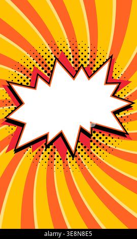 Comic starburst banner with bold jagged shape and copy space on bright yellow and orange spiral background. Dynamic retro vector background for sale Stock Vector