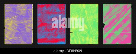 Grunge neon punk poster design featuring abstract paint strokes, rough textures, and vintage halftone patterns on distressed paper. Stock Vector