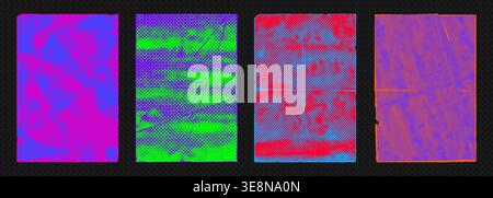 Retro halftone texture with distressed overlay, rough brush strokes vector illustration background set. Stock Vector