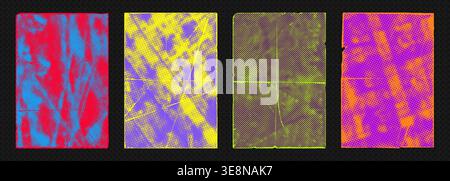 Retro halftone texture with distressed overlay, rough brush strokes vector illustration background set. Stock Vector