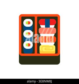 Vibrant Red Bento Box Vector with Sushi Rolls, Nigiri, and Tamagoyaki in Bright Modern Style Stock Vector