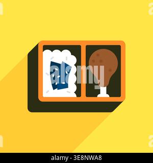 Yellow Background Bento Box Vector with Seaweed Rice and Fried Chicken Drumstick Stock Vector