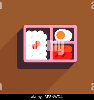 Pink Bento Box Vector with Rice and Umeboshi, Boiled Egg, and Sausage on Brown Background in Shadowed Style Stock Vector