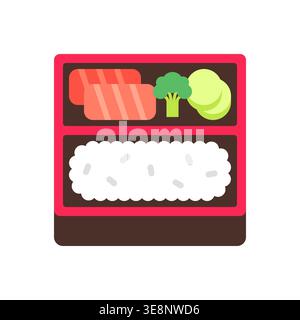 Red Bento Box with Salmon, Rice, Broccoli, and Pickles Vector Art Stock Vector
