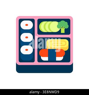 Flat Vector Bento Box with Sushi, Tamagoyaki, Broccoli, and Cucumber Slices on White Background with Blue Base Stock Vector