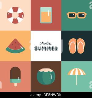 Summer flat illustration element set collection with simple style perfect for summer vacation design material. Stock Vector