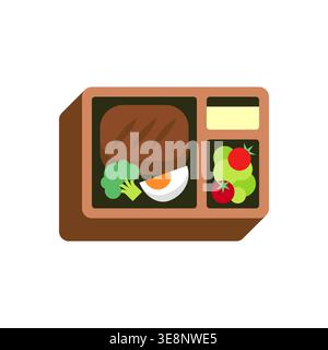Flat Vector Bento Box with Hamburger Steak, Broccoli, Boiled Egg, Tomato, and Green Vegetable on White Background Stock Vector