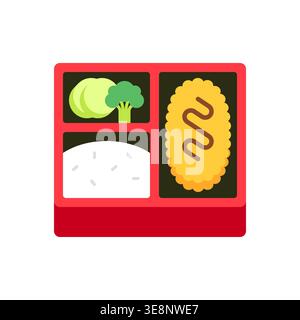 Red Bento Box Vector with Tonkatsu, White Rice, Cabbage, and Broccoli on Dark Background Stock Vector