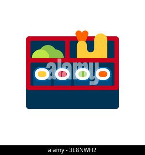 Colorful Bento with Sushi Rolls, Fried Shrimp, and Fresh Vegetables in Red and Navy Compartment Box Stock Vector