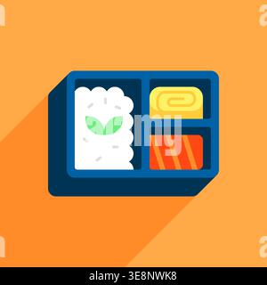 Minimal Blue Bento Box Vector with Rice, Tamagoyaki, and Salmon on Orange Background Stock Vector