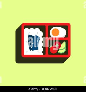 Simple Green Background Bento Box Vector with Rice, Boiled Egg, Tomato, and Cucumber Stock Vector