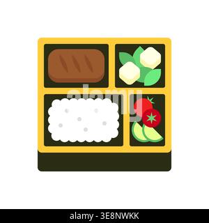 Bento Box Vector with Yellow Border, Black Tray, Steak, Tofu, Cucumber, Rice, and Tomato on White Background Stock Vector