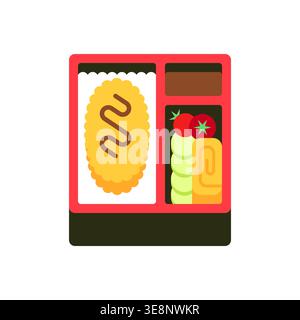 Flat Vector Illustration of Japanese Bento Box with Tonkatsu, Rice, Tamagoyaki, and Fresh Vegetables on White Stock Vector