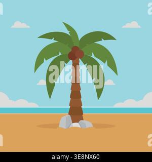 Simple beach flat illustration with coconut tree on clear blue sky background Stock Vector