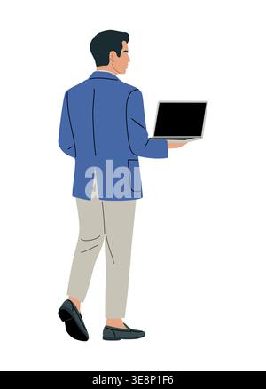 Business Man walks holding laptop back view Stock Vector