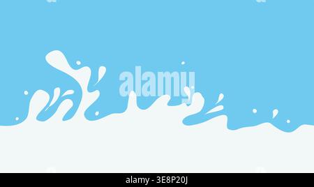 Splashes and drops of milk on a blue background. Vector illustration. Milk waves on a seamless horizontal border, a simple pattern isolated on a white Stock Vector