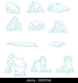 Iceberg, simple line drawing, hand-drawn sketch. Vector illustration. Set of ice blocks, isolated on a white background. Stock Vector