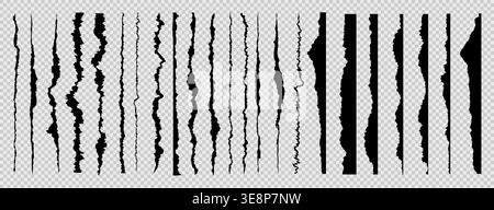 Jagged torn paper rip edge effect of black recycled sheet. Vector collection of page piece blank card tag label banner divider claw cut line. Cardboar Stock Vector