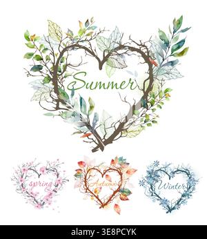 4 seasons of the year. Four seasons - spring, summer, autumn, winter. Hand drawn. Not AI, vector illustration. Stock Vector