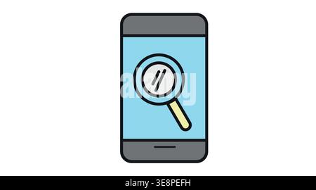 Smartphone search and mobile analysis icon: phone with magnifying glass on screen, soft colors flat fill and black line vector illustration. Stock Vector