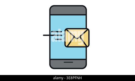 Smartphone email and mobile communication icon: phone with envelope on screen, soft colors flat fill and black line vector illustration. Stock Vector