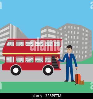 the application interface for mobile phone Smart bus. Businessman using smartphone, with maps and applications are where now rides the bus. Stock Vector