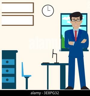 Business Man Sitting Desk Office Working Place Laptop Back Rear View Flat Stock Vector