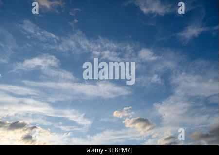 Cirrus and Cumulus Cloudscape Over Open Landscape Stock Photo