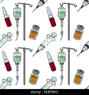 Medical supplies vector pattern with syringes, IV bags, and vials Stock Vector