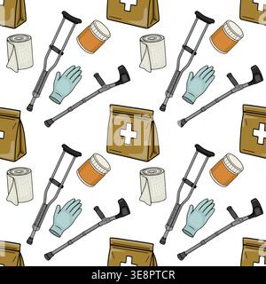 Seamless medical supplies vector pattern with crutches, bandages, gloves, and pill bottles Stock Vector