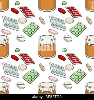 Seamless vector pattern of various colorful pills and medicine bottles, medical supplies illustration Stock Vector