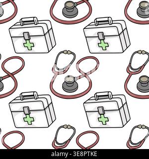 Seamless medical pattern vector with stethoscopes and first aid kits Stock Vector