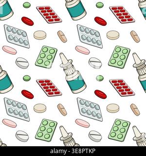 Seamless vector pattern of various medical pills and nasal spray bottles Stock Vector