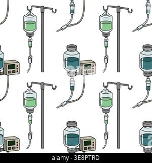 Medical infusion pump and IV drip bag seamless pattern vector illustration Stock Vector