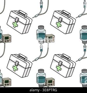 Seamless medical vector pattern with first aid kits and IV drip bags Stock Vector