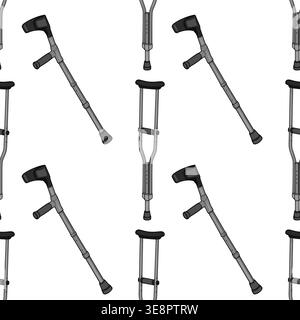 Seamless vector pattern of adjustable medical crutches in gray and black, isolated on white background. Stock Vector