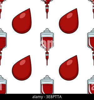 Seamless vector pattern of blood drops and IV bags, medical healthcare illustration Stock Vector