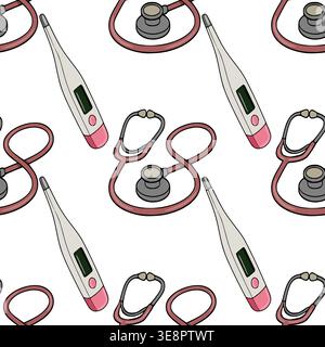 Seamless vector pattern of medical stethoscopes and digital thermometers in a clean, flat illustration style. Stock Vector