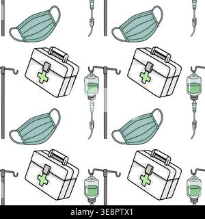 Seamless medical vector pattern with masks, first aid kits, and IV drips Stock Vector