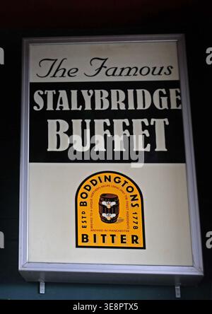 Boddingtons Bitter sign inside the famous Stalybridge Station Buffet Bar, a historic Victorian railway pub. Stock Photo