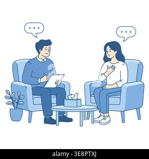 Male psychiatrist taking notes while listening to a concerned woman patient during a psychotherapy session in a clinic. Flat vector illustration. Stock Vector