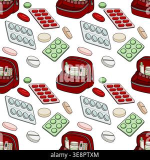 Seamless pattern vector illustration of a red medical kit and various pills, blister packs, and capsules on a white background. Stock Vector