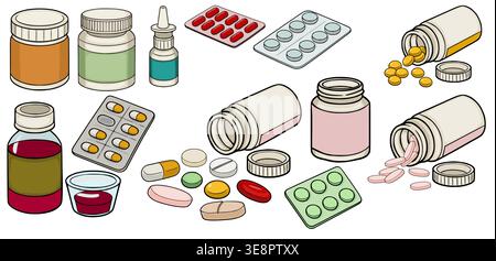 Set of isolated medical pills, capsules, and bottles vector illustration Stock Vector